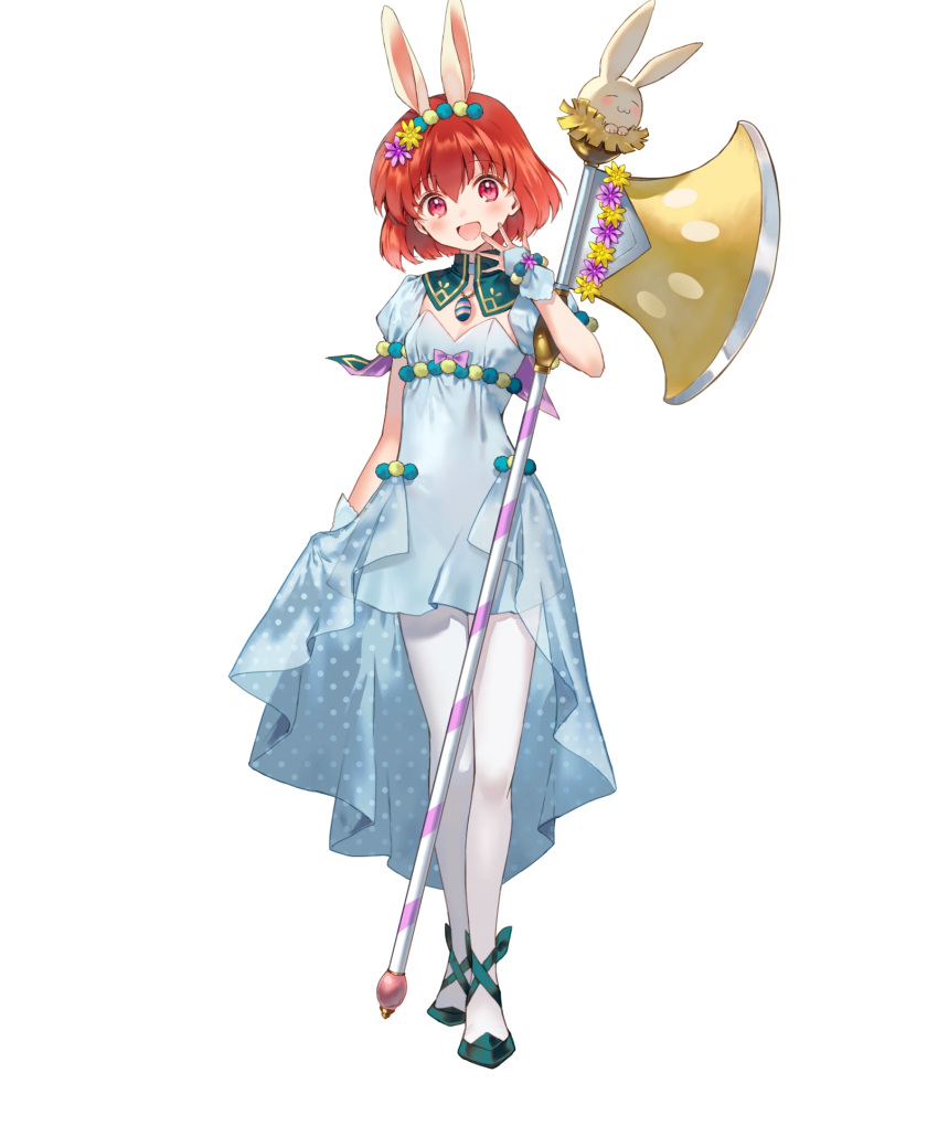 :d animal_ears axe blue_dress blue_footwear blush dress fake_animal_ears female fire_emblem fire_emblem:_mystery_of_the_emblem fire_emblem_heroes full_body hair_between_eyes hand_up hanekoto head_tilt highres looking_at_viewer maria_(fire_emblem) maria_(spring)_(fire_emblem) non-web_source official_art open_mouth pantyhose puffy_short_sleeves puffy_sleeves rabbit_ears red_eyes red_hair shoes short_hair short_sleeves smile solo standing transparent_background weapon white_pantyhose