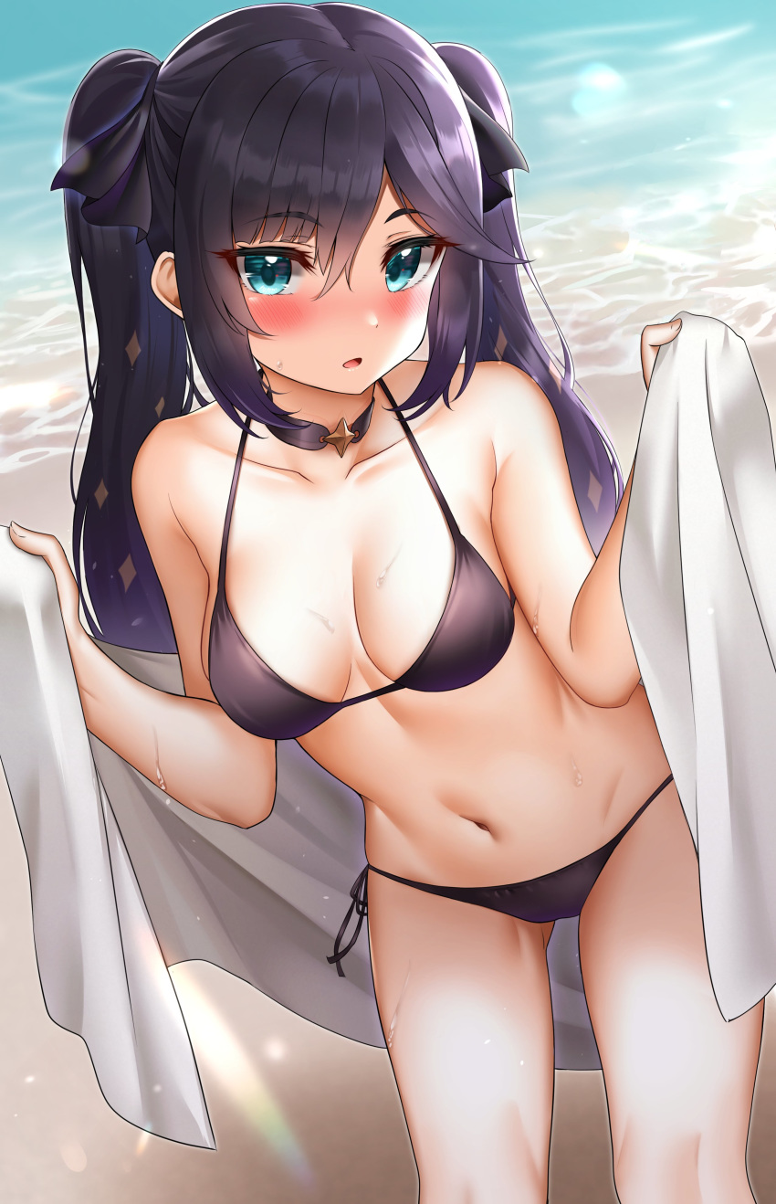 absurdres ass_visible_through_thighs bare_arms bare_shoulders beach bikini black_bikini black_choker black_hair blue_eyes breasts choker collarbone female genshin_impact halterneck highres holding long_hair looking_at_viewer medium_breasts mona_(genshin_impact) navel outdoors parted_lips side-tie_bikini_bottom solo standing string_bikini sunhyun swimsuit thighs towel twintails water