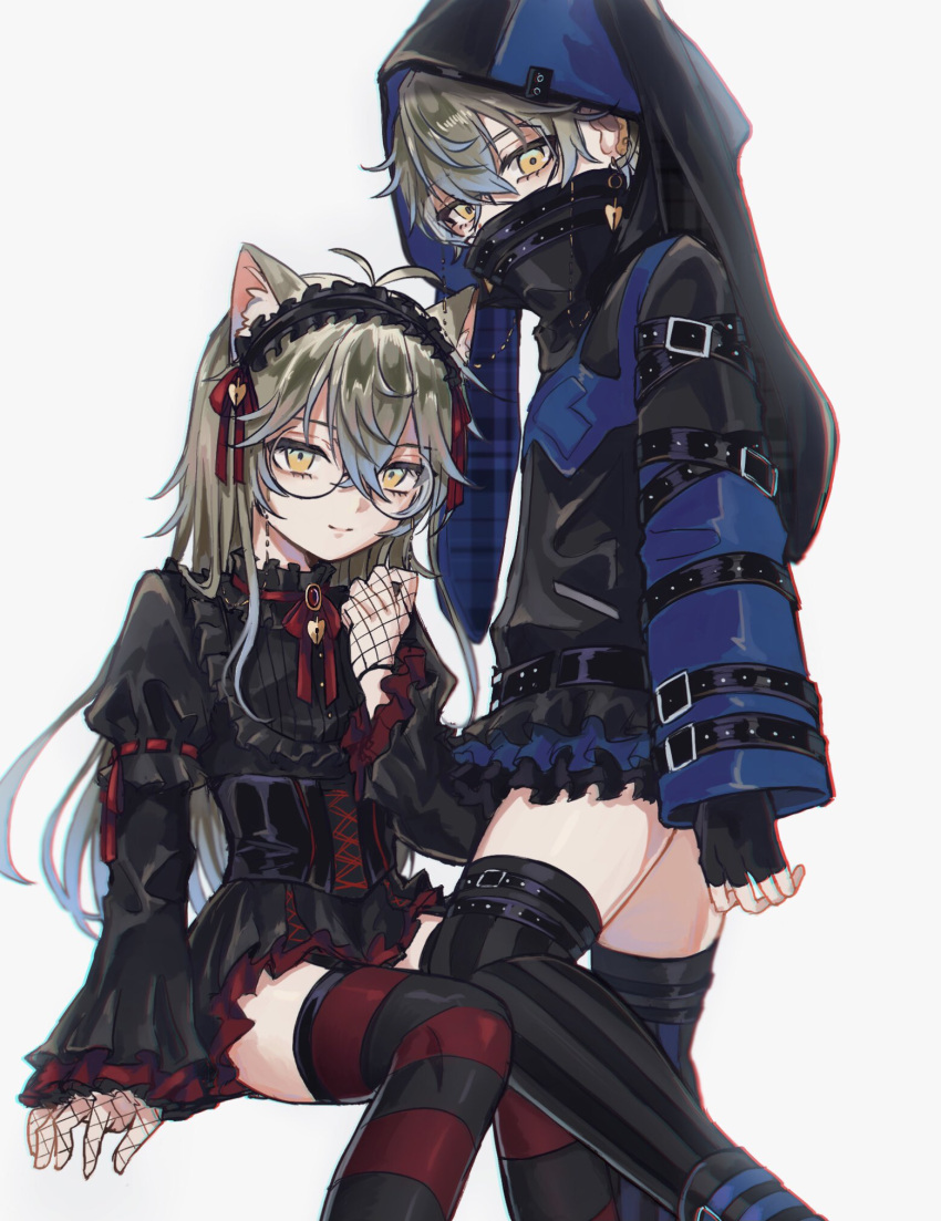 2boys ahoge alternate_hair_length alternate_hairstyle animal_ears animal_hood belt black_belt black_dress black_gloves black_thighhighs blue_dress blue_hair brown_hair cat_ears chromatic_aberration closed_mouth cosplay covered_mouth crossdressing dress dual_persona earrings effole_(fairy_fencer_f) effole_(fairy_fencer_f)_(cosplay) eyewear_strap fairy_fencer_f fingerless_gloves fishnet_gloves fishnets frills glasses gloves green_eyes hair_between_eyes hairband high_collar highres hood hood_up ike_eveland jewelry kemonomimi_mode lolita_hairband long_hair long_sleeves looking_at_viewer male_focus microskirt multicolored_clothes multicolored_dress multicolored_eyes multicolored_hair multiple_boys ngron027 nijisanji nijisanji_en otoko_no_ko plaid pleated_skirt rabbit_hood red_dress red_thighhighs round_eyewear short_hair simple_background sitting skirt smile striped_clothes striped_thighhighs thighhighs vertical-striped_clothes vertical-striped_thighhighs virtual_youtuber white_background yellow_eyes zettai_ryouiki