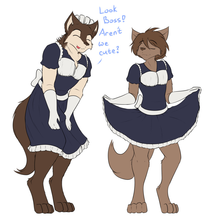 1:1 alpha_channel anthro barefoot bottomwear brown_body brown_eyes brown_fur brutus_(twokinds) bulge canid canine canis closed_eyes clothed clothing crossdressing detailed_bulge duo erection erection_under_clothing erection_under_skirt feet fur genital_outline gloves handwear hi_res keidran maid_uniform male mammal penis_outline simple_background skirt smile standing tan_body tan_fur transparent_background twokinds uniform wolf wolfie-pawz zen_(twokinds)