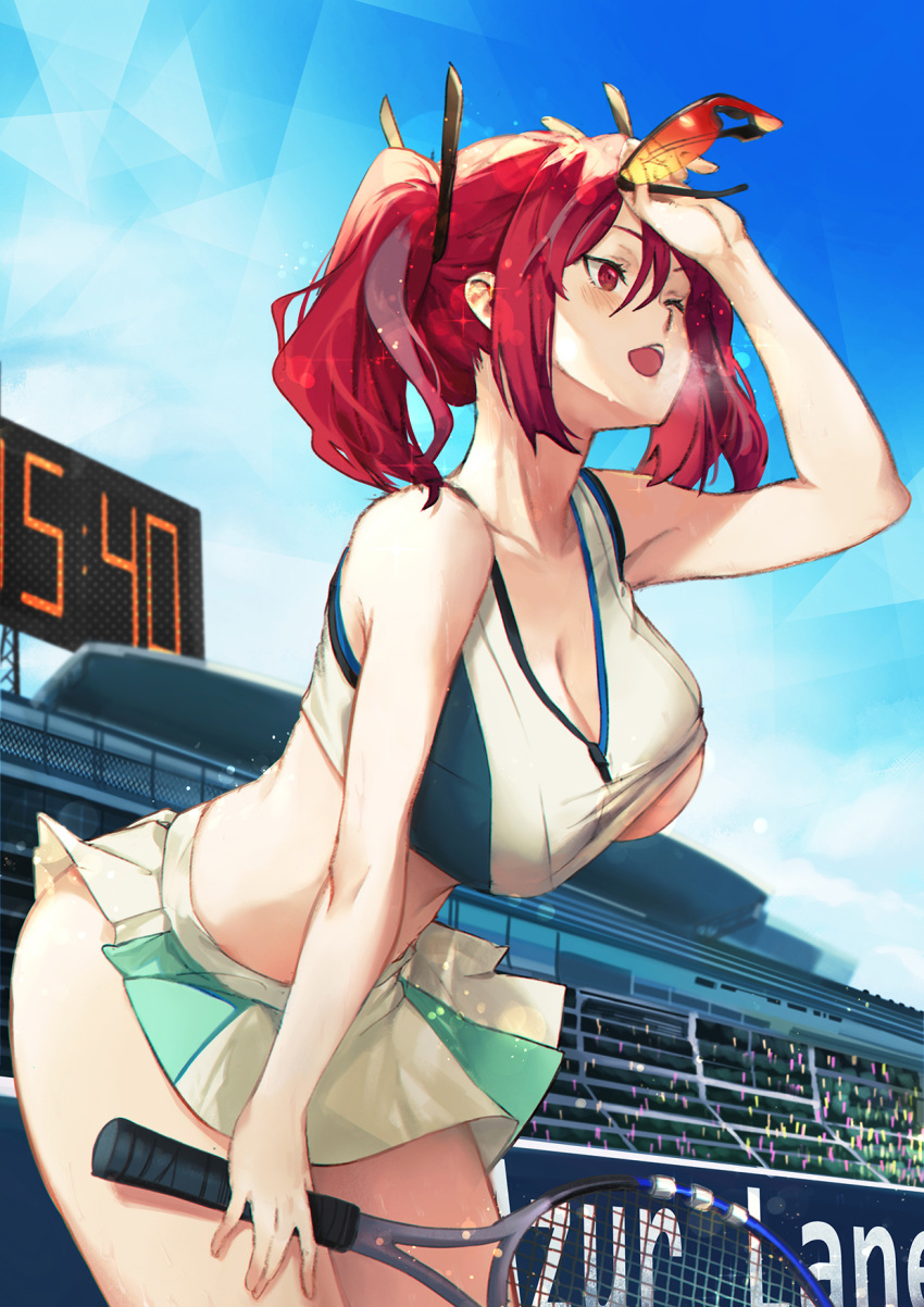 azur_lane bkko breasts bremerton_(azur_lane) bremerton_(scorching-hot_training)_(azur_lane) cleavage commentary_request crop_top crop_top_overhang female grey_hair hair_between_eyes hair_ornament hairclip heart heart_necklace highres holding holding_racket holding_removed_eyewear jewelry long_hair multicolored_hair necklace no_mole official_alternate_costume one_eye_closed outdoors photoshop_(medium) pink_hair racket red-tinted_eyewear shirt sleeveless sleeveless_shirt sports_sunglasses sportswear streaked_hair sunglasses sunlight sweat tennis tennis_court tennis_racket tennis_uniform tinted_eyewear twintails two-tone_shirt two-tone_skirt underboob unworn_eyewear wardrobe_malfunction x_hair_ornament