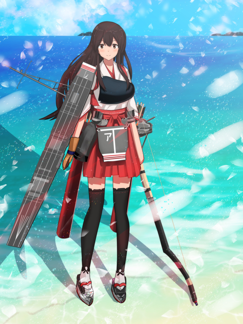 absurdres akagi_(kancolle) akagi_kai_ni_(kancolle) arrow_(projectile) bow_(weapon) brown_eyes brown_hair commission day female flight_deck full_body gaiters gloves hakama hakama_short_skirt hakama_skirt highres holding holding_bow_(weapon) holding_weapon hull_shoes island japanese_clothes kantai_collection long_hair machinery muneate ocean outdoors partially_fingerless_gloves pixiv_commission quiver red_hakama roko_roko_(doradorazz) skirt solo standing standing_on_liquid straight_hair tasuki thighhigh_gaiters thighhighs weapon yugake yumi_(bow)