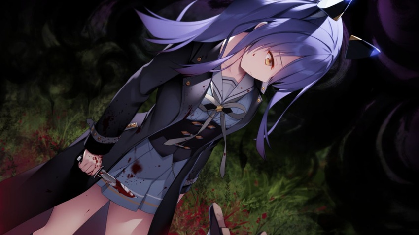 ameto_yuki black_coat blood blood_on_clothes blood_on_face blood_on_knife brown_footwear closed_mouth coat collarbone collared_shirt female floating_hair_ornament fuyukara_kururu game_cg grey_ribbon grey_shirt grey_skirt holding holding_knife knife loafers long_hair long_sleeves looking_down miniskirt neck_ribbon night open_clothes open_coat pleated_skirt purple_hair ribbon sailor_collar sailor_shirt shirt shoes side_ponytail skirt solo_focus standing ugajima_yukari underbust white_sailor_collar yellow_eyes