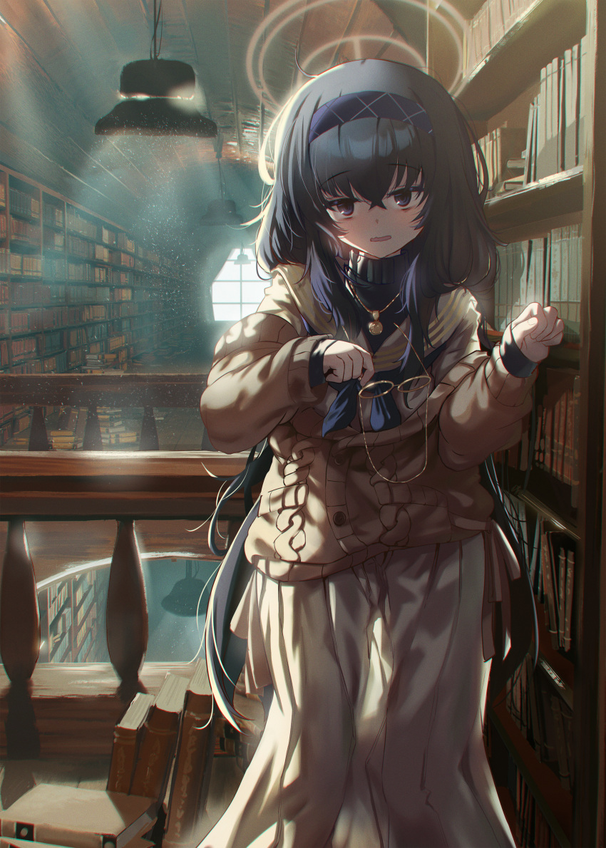 bags_under_eyes black_hair blue_archive blush book bookshelf eyewear_strap female glasses hair_between_eyes hairband hands_up highres holding indoors library long_hair long_skirt long_sleeves looking_at_viewer open_mouth pleated_skirt purple_eyes sailor_collar shuru_y skirt solo standing ui_(blue_archive) very_long_hair white_skirt window