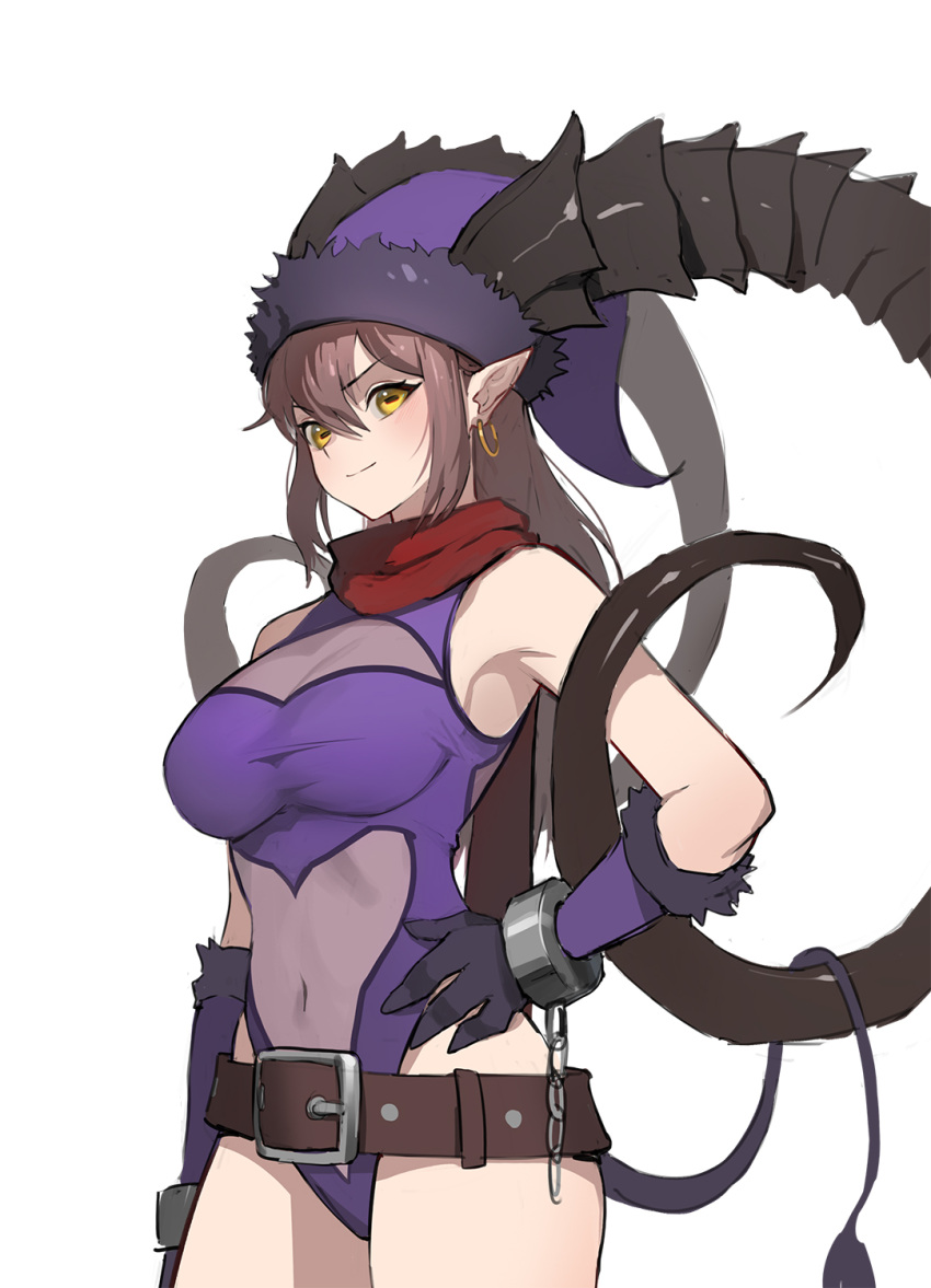 bare_shoulders belt black_horns breasts broken broken_chain chains cleavage cleavage_cutout clothing_cutout commentary_request earrings female gloves goat_girl goat_horns goat_tail hand_on_own_hip hat highres hoop_earrings horizontal_pupils horns huge_horns jason_kim jewelry korean_commentary large_belt legs_together leotard looking_at_viewer navel navel_cutout original pointy_ears purple_hat purple_leotard red_scarf scarf smile solo standing tail white_background yellow_eyes