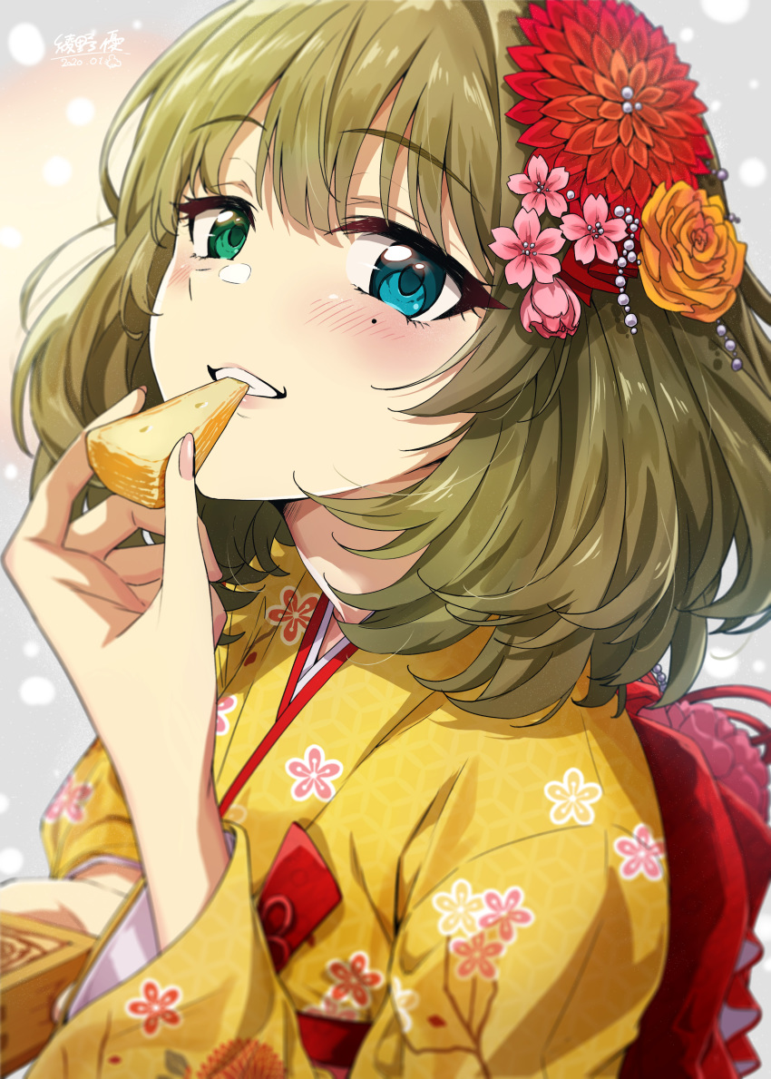 absurdres ayano_yuu_(sonma_1426) blue_eyes blush breasts brown_hair cheese eating female floral_print flower food green_eyes hair_flower hair_ornament heterochromia highres idolmaster idolmaster_cinderella_girls japanese_clothes kimono long_sleeves looking_at_viewer mole mole_under_eye new_year photoshop_(medium) sash short_hair small_breasts smile solo takagaki_kaede yellow_kimono