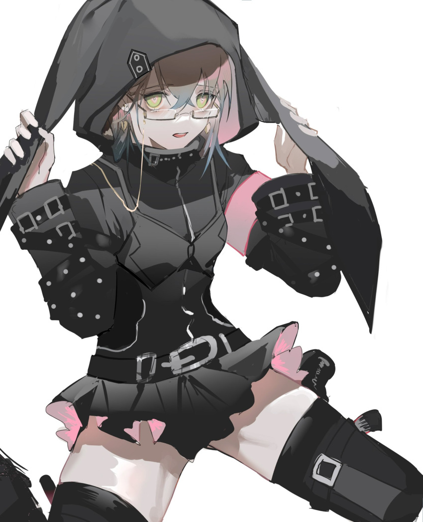 00zhuyin00 1boy animal_hood belt black_belt black_dress black_skirt black_thighhighs blue_hair brown_hair chinese_commentary commentary_request cosplay crossdressing dress earrings effole_(fairy_fencer_f) effole_(fairy_fencer_f)_(cosplay) eyewear_strap fairy_fencer_f glasses green_eyes hair_between_eyes hand_up high_collar highres hood hood_up ike_eveland jewelry long_sleeves looking_at_viewer male_focus microskirt multicolored_eyes multicolored_hair nijisanji nijisanji_en open_mouth otoko_no_ko pink_eyes pleated_skirt rabbit_hood semi-rimless_eyewear short_hair simple_background sitting skirt solo thighhighs virtual_youtuber wariza white_background zettai_ryouiki