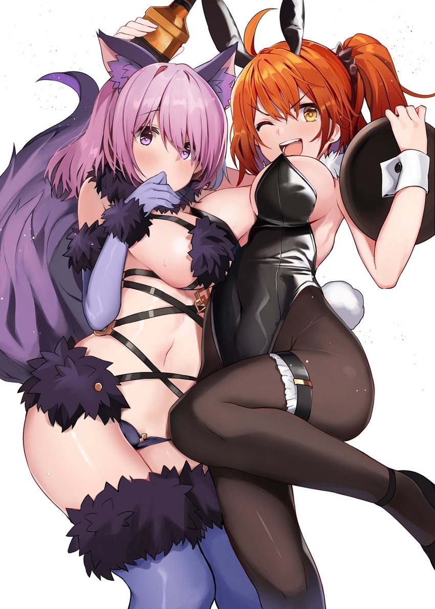 2girls ;d ahoge animal_ears bare_arms bare_shoulders blue_gloves blue_thighhighs bottle breasts chaldea_logo cleavage covered_navel duplicate elbow_gloves fake_animal_ears fate/grand_order fate_(series) fujimaru_ritsuka_(female) fur-trimmed_gloves fur-trimmed_legwear fur_trim gloves hair_ornament hair_scrunchie highres holding holding_tray large_breasts light_blush looking_at_viewer mash_kyrielight mash_kyrielight_(dangerous_beast) multiple_girls navel official_alternate_costume one_eye_closed orange_hair pantyhose pink_hair playboy_bunny purple_eyes purple_tail rabbit_ears rabbit_tail revealing_clothes scrunchie short_hair side_ponytail sideboob simple_background smile stomach sweat tail thighhighs togo_(korlsj1235) tray white_background wolf_ears wolf_tail wrist_cuffs yellow_eyes