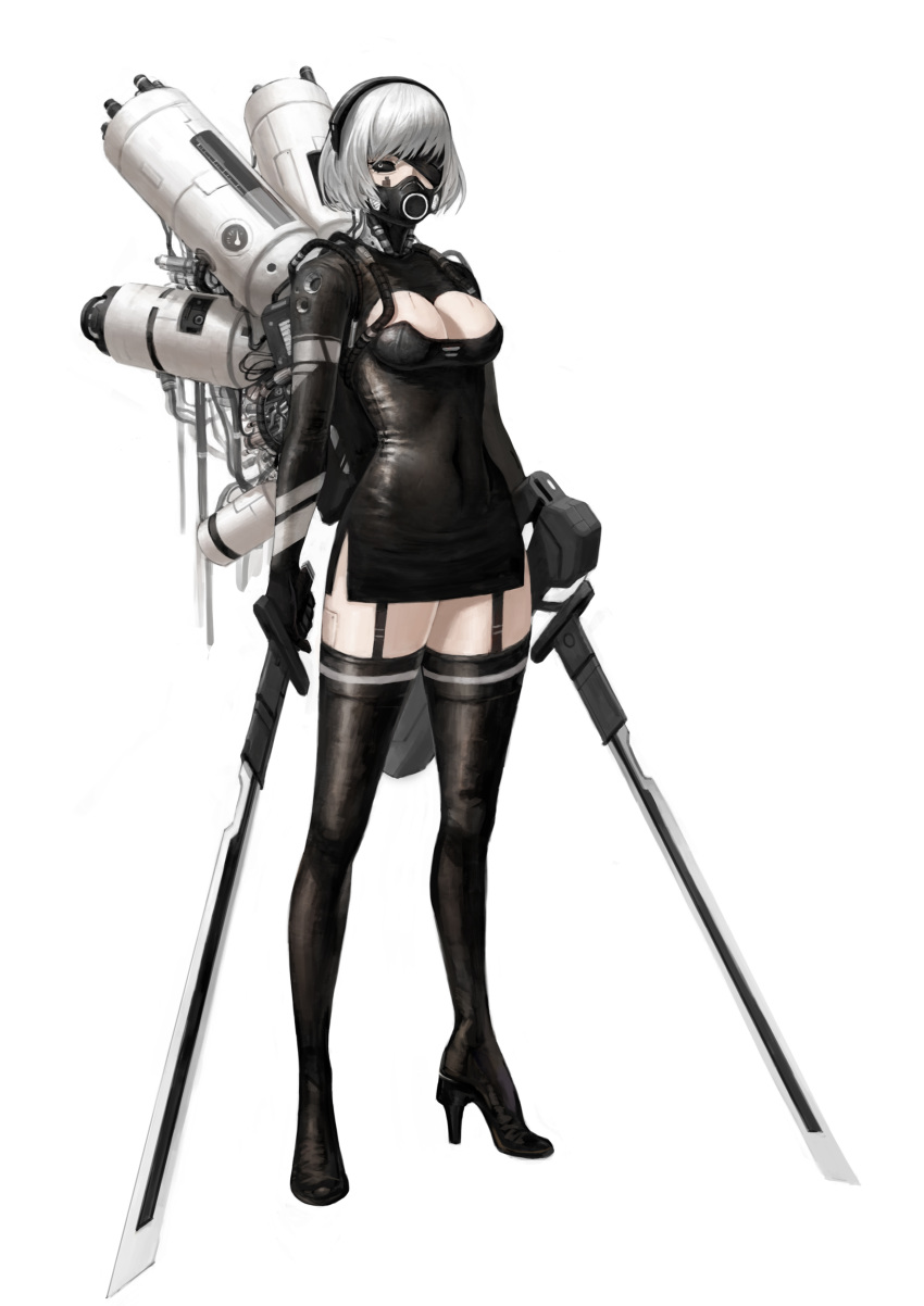 absurdres black_footwear black_hairband black_sclera boots breasts cable carcass_(artist) cleavage cleavage_cutout clothing_cutout colored_sclera commentary cyborg dual_wielding female garter_straps hairband high_heel_boots high_heels highres holding holding_sword holding_weapon mask mouth_mask original science_fiction short_hair simple_background standing sword thigh_boots weapon white_background white_eyes white_hair