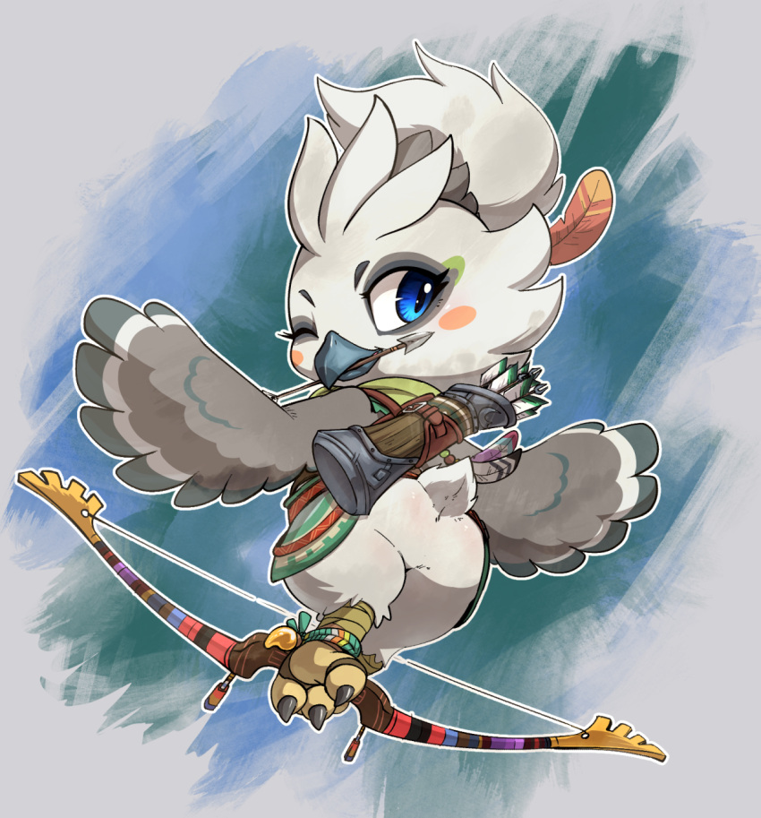 1boy arrow_(projectile) arrow_in_mouth ass beak bird bird_boy bird_tail blue_eyes blush_stickers bow_(weapon) commentary_request eyelashes feathers from_behind full_body furry furry_male green_tunic grey_feathers highres holding holding_bow_(weapon) holding_weapon holding_with_feet lkiws looking_back male_focus mouth_hold one_eye_closed quiver solo tail the_legend_of_zelda the_legend_of_zelda:_tears_of_the_kingdom tulin_(zelda) updo weapon white_feathers wings