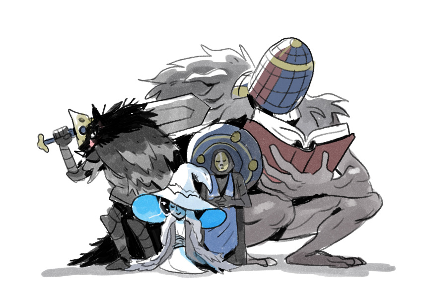 absurdres armor blaidd_the_half-wolf blue_skin book cape colored_skin dress elden_ring everyone extra_faces female fur_cape giant greatsword hat highres huge_weapon long_hair looking_at_viewer mask multiple_boys plate_armor preceptor_seluvis ranni_the_witch sword trisketched war_counselor_iji wavy_hair weapon witch_hat wolf_boy