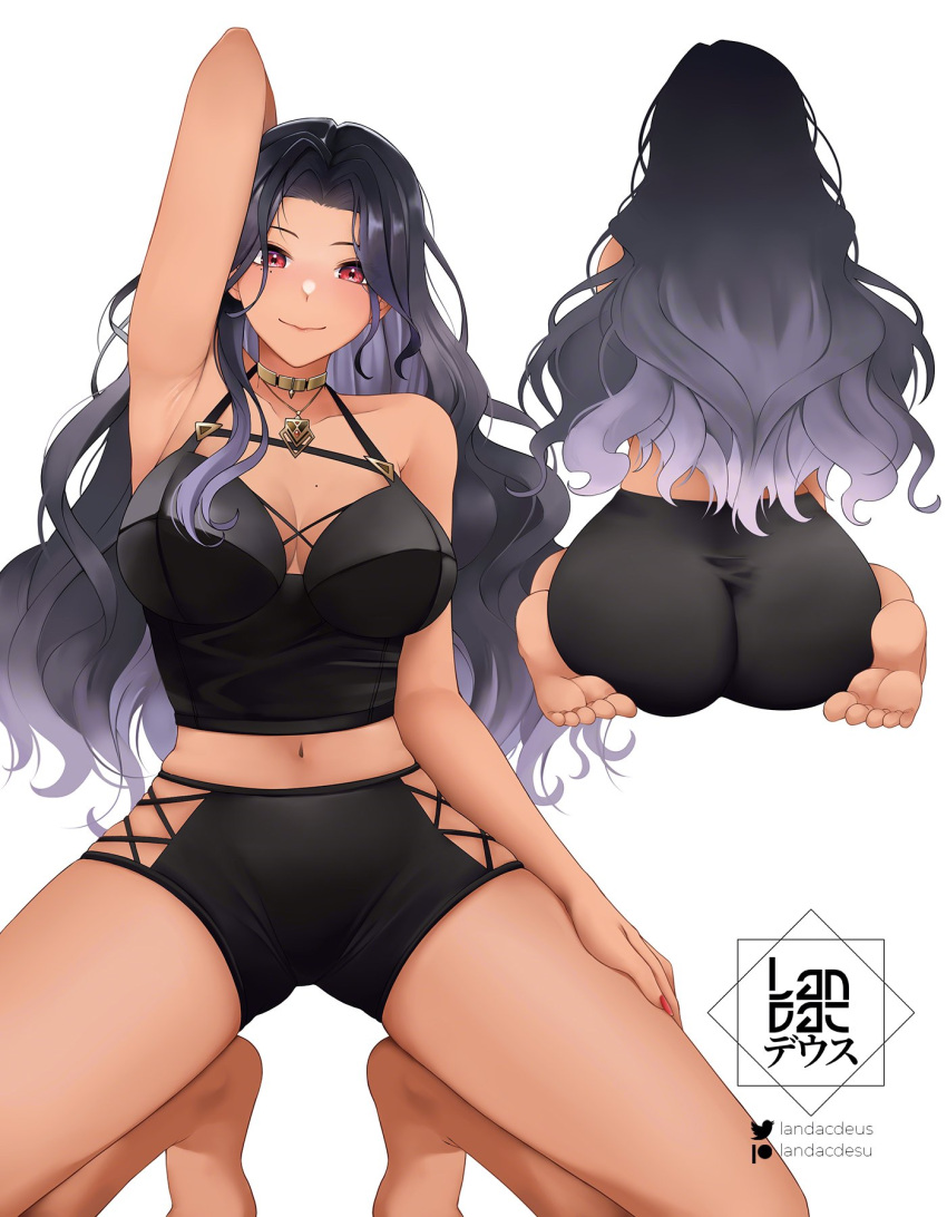 ass barefoot black_hair blush breasts choker cleavage collarbone dark-skinned_female dark_skin female gold_choker gold_necklace gradient_hair grey_hair highres jewelry landacdeus large_breasts long_hair looking_at_viewer mole mole_on_breast mole_under_eye multicolored_hair multiple_views necklace nijisanji nijisanji_en red_eyes red_nails scarle_yonaguni simple_background smile virtual_youtuber