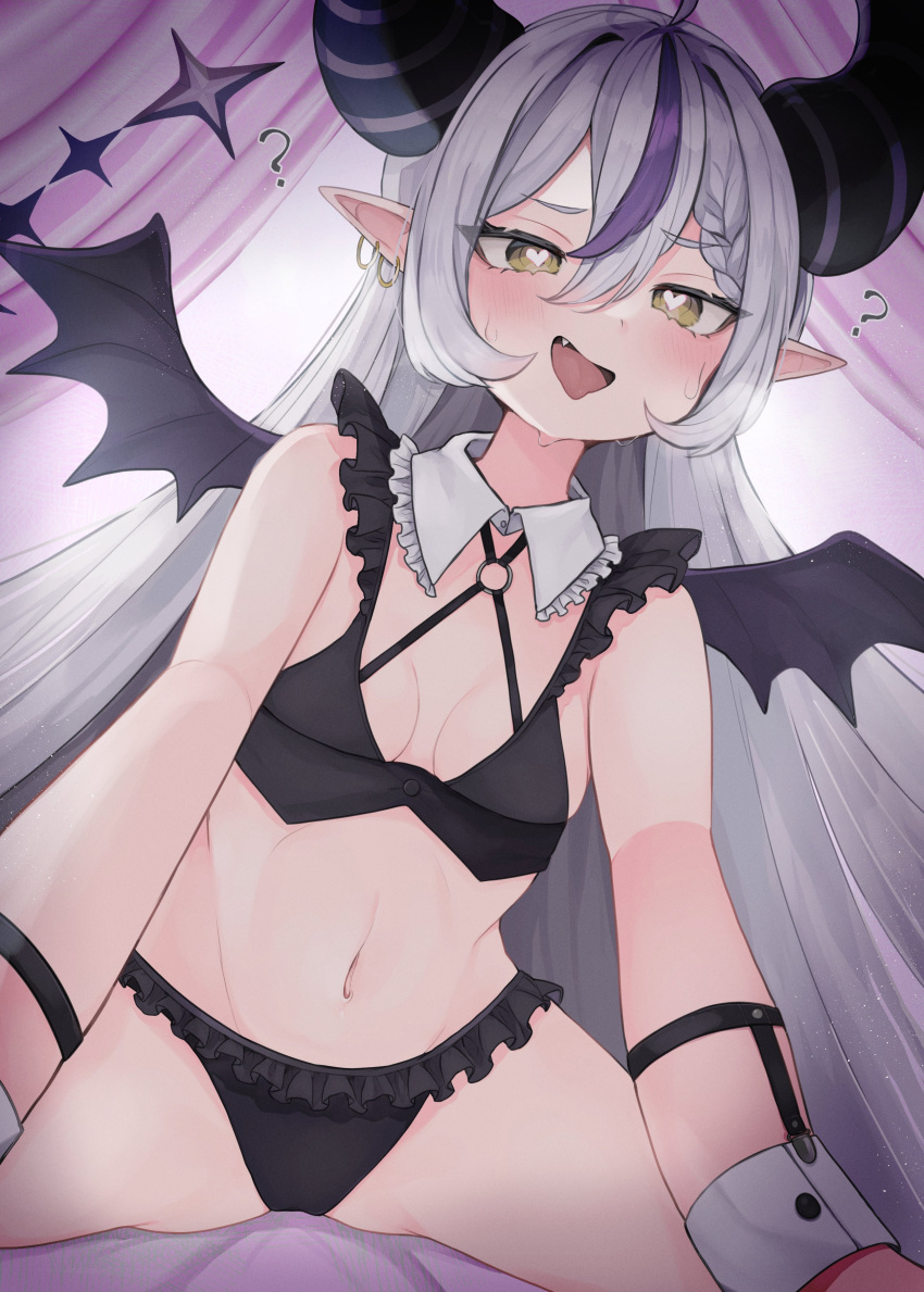 absurdres ahoge bat_wings black_bra black_horns black_panties bra braid braided_bangs breasts earrings female frilled_panties frills grey_hair heart heart_in_eye highres hololive horns jewelry la+_darknesss lingerie long_hair multicolored_hair navel nemuta_muu oerba_yun_fang panties pointy_ears purple_hair small_breasts streaked_hair striped_horns sweat symbol_in_eye tongue underwear underwear_only virtual_youtuber wings yellow_eyes