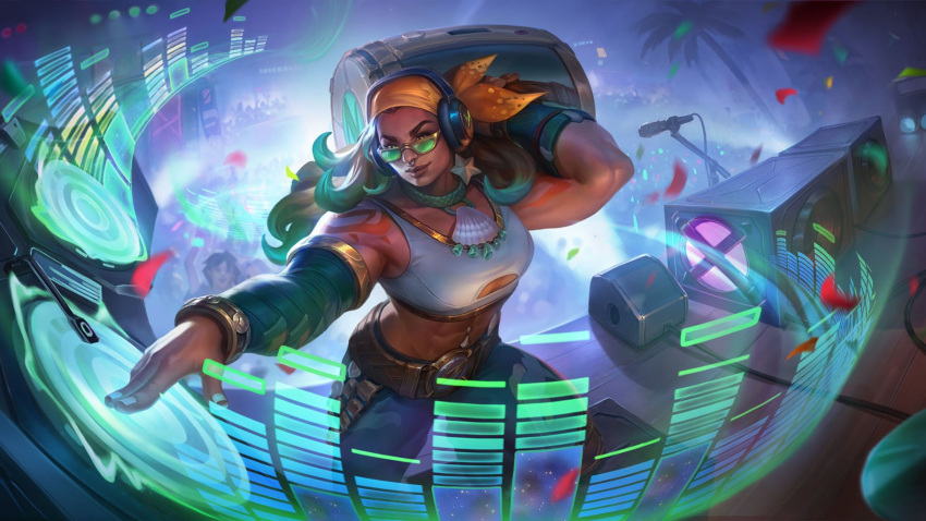 abs bandana belt black_pants brown_belt concert confetti crop_top crowd dark-skinned_female dark_skin dj female green-tinted_eyewear green_hair green_nails grey_shirt headphones highres holding illaoi illbeats instrument league_of_legends long_hair looking_over_eyewear microphone microphone_stand muscular muscular_female music nail_polish official_alternate_costume official_art orange_bandana pants playing_instrument shirt solo_focus sunglasses teamfight_tactics tinted_eyewear