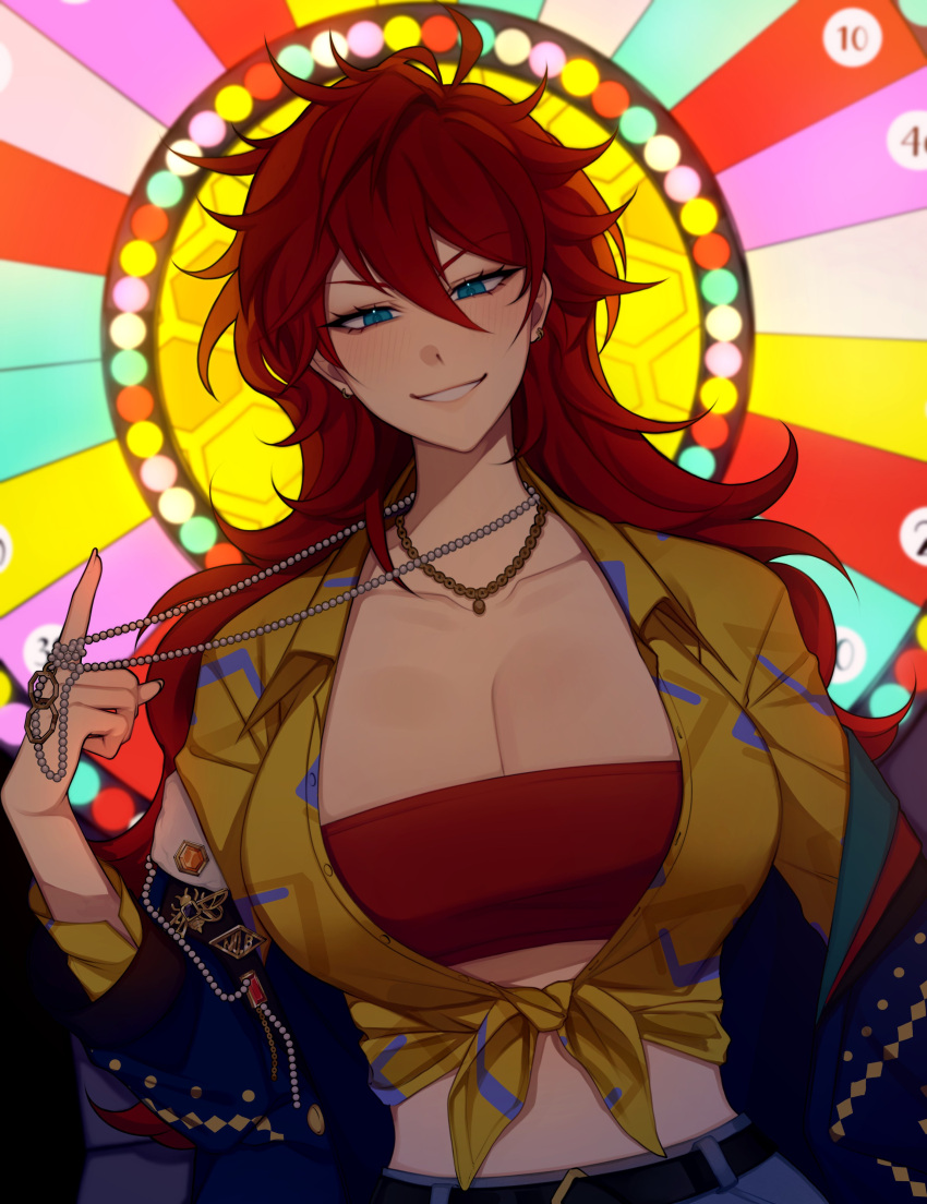 absurdres amagi_rinne belt blue_eyes breasts brown_belt casino cleavage crop_top denim earrings ensemble_stars! female genderswap_(mtf) highres jacket jeans jewelry large_breasts long_hair looking_at_viewer lummy_yummy necklace pants red_hair red_shirt rule_63 shirt smile solo teeth yellow_jacket