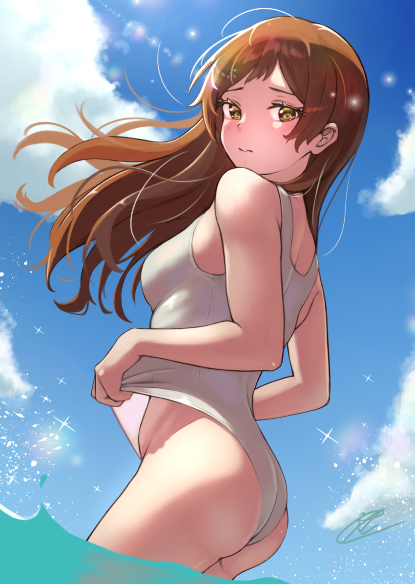 3: ass back blue_sky blush breasts brown_hair c_(theta) closed_mouth clothes_lift cloud colored_eyelashes commentary_request cowboy_shot embarrassed eyelashes female floating_hair from_side groin half-closed_eyes highres idolmaster idolmaster_million_live! kitazawa_shiho lifting_own_clothes light_particles long_hair looking_at_viewer looking_back medium_breasts one-piece_swimsuit outdoors raised_eyebrows school_swimsuit signature sky solo sparkle standing swimsuit swimsuit_lift thighs wading water white_one-piece_swimsuit wind yellow_eyes