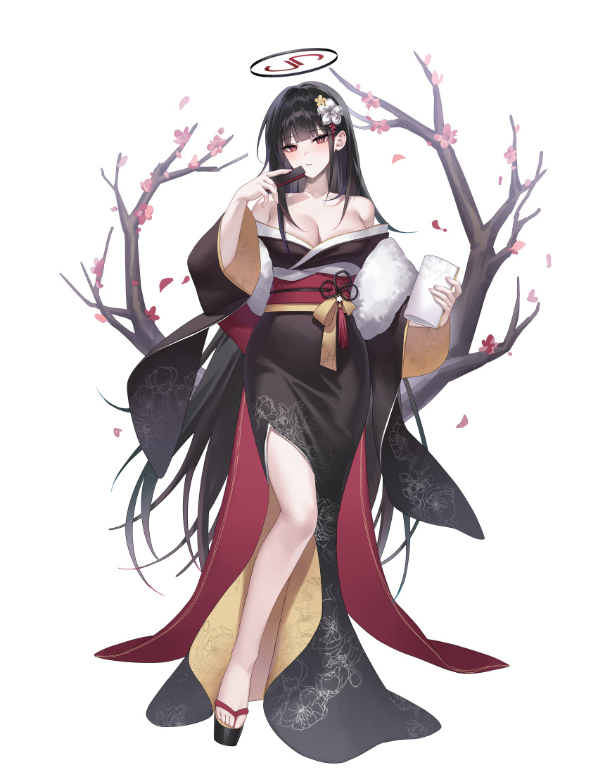 absurdres alternate_costume black_hair black_kimono blue_archive blush breasts bright_pupils cleavage collarbone female flower full_body hair_ornament halo has_bad_revision has_cropped_revision highres holding japanese_clothes kimono large_breasts long_hair long_sleeves looking_at_viewer obi parted_lips petals pink_flower raki_kr red_eyes rio_(blue_archive) sash simple_background solo white_background white_pupils wide_sleeves