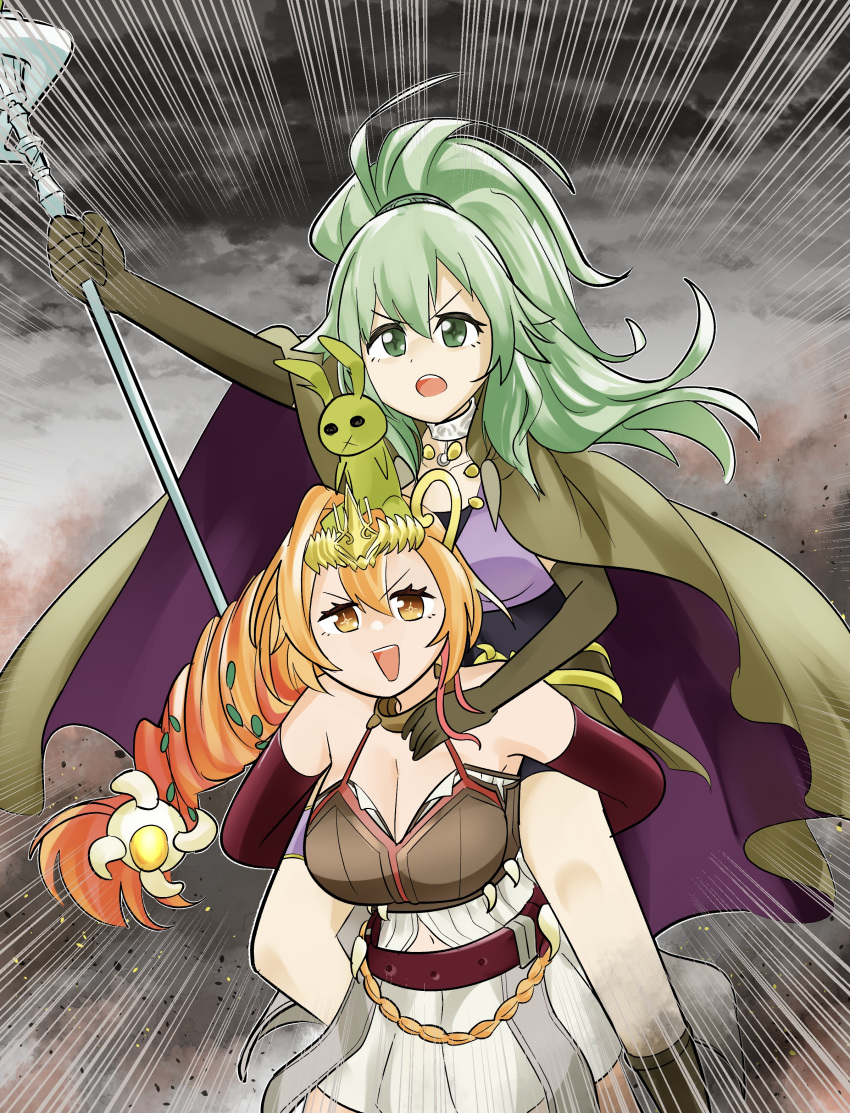 2girls absurdres arm_up bare_shoulders belt breasts brown_eyes cape carrying cleavage duel_monster elbow_gloves gloves green_eyes green_hair hair_ornament highres holding holding_staff jewelry large_breasts long_hair multiple_girls necklace open_mouth orange_hair piggyback pleated_skirt ponytail ritual_beast_tamer_lara sawan_cutman skirt spiritual_beast_tamer_lara spiritual_beast_tamer_winda staff thigh_strap tiara winda_(yu-gi-oh!) yu-gi-oh!