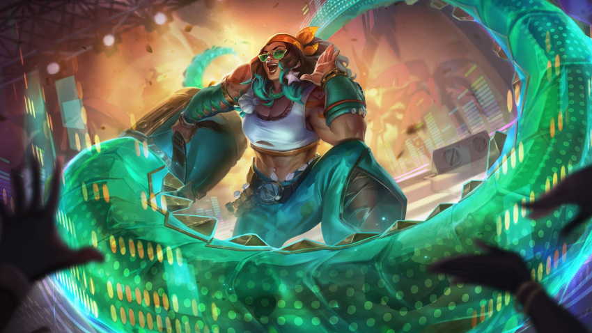 :d abs bandana belt breasts brown_belt brown_hair crop_top crowd dark-skinned_female dark_skin earrings female green-tinted_eyewear green_hair green_nails green_pants grey_shirt headphones highres holding illaoi illbeats jewelry large_breasts league_of_legends long_hair muscular muscular_female nail_polish official_alternate_costume official_art open_mouth orange_bandana pants shirt smile solo_focus stage star_(symbol) star_earrings stomach sunglasses teamfight_tactics teeth tentacle tinted_eyewear