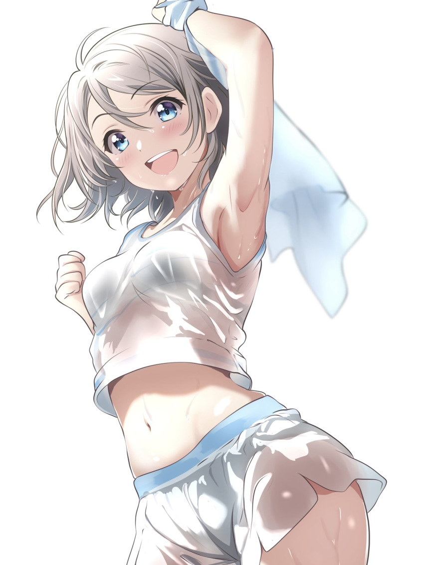 :d arm_up armpits black_bra black_panties blue_eyes blush borgbutler bra breasts commentary_request cropped_shirt dolphin_shorts female hair_between_eyes highres holding holding_towel light_brown_hair looking_at_viewer love_live! love_live!_sunshine!! medium_breasts midriff navel open_mouth panties see-through shirt short_hair short_shorts shorts smile solo sportswear sweat towel underwear watanabe_you wet wet_clothes wet_shirt wet_shorts white_background white_shirt white_shorts