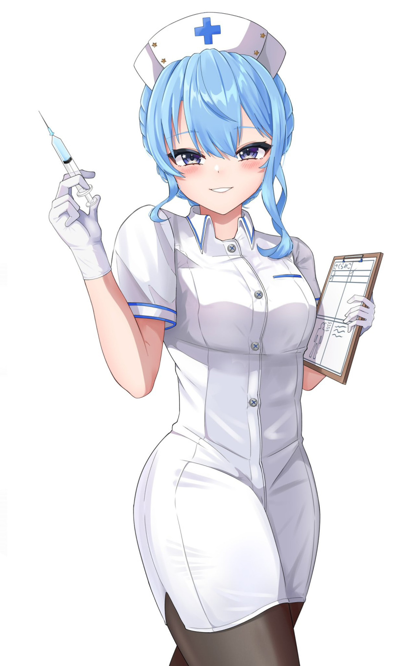 alternate_costume black_pantyhose blue_eyes blue_hair blush breasts clipboard collared_dress commentary_request dress female gloves grin hat highres hiiragi_melt holding holding_clipboard hololive hoshimachi_suisei looking_at_viewer medium_hair nurse nurse_cap pantyhose parted_lips small_breasts smile solo star_(symbol) star_in_eye symbol_in_eye teeth virtual_youtuber white_background white_dress white_gloves white_hat