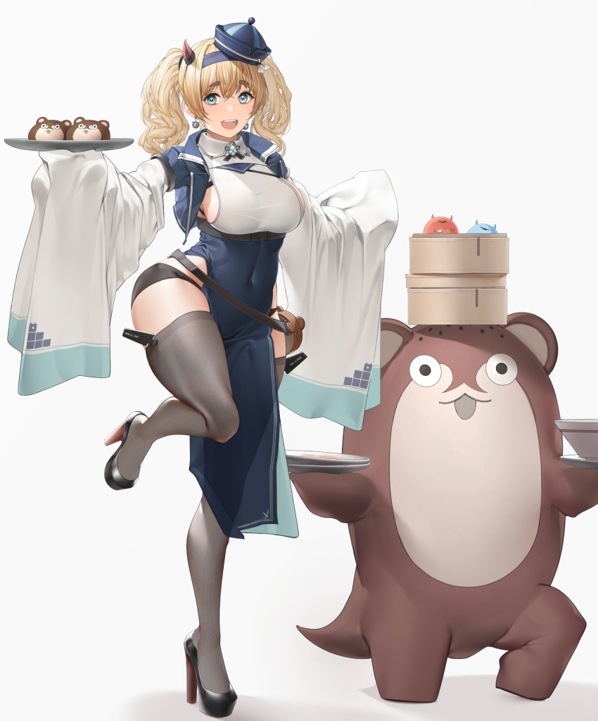 :d black_footwear black_thighhighs blonde_hair blue_dress blue_eyes blue_headwear bokukawauso breasts china_dress chinese_clothes collared_dress collared_jacket commentary covered_navel cropped_jacket dress drop_earrings earrings enemy_lifebuoy_(kancolle) female full_body gambier_bay_(kancolle) gradient_background grey_background hair_between_eyes high_heels highres holding holding_plate holding_tray jacket jewelry kantai_collection large_breasts long_hair looking_at_viewer mokuren_(mozukukirai88) pelvic_curtain plate side_slit sleeveless sleeveless_dress smile standing standing_on_one_leg thighhighs tray twintails two-tone_dress white_background white_dress