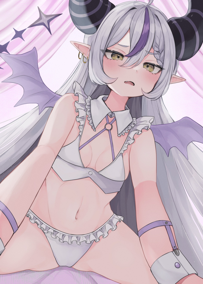 absurdres ahoge bat_wings black_horns bra braid braided_bangs breasts earrings female frilled_panties frills grey_hair heart heart_in_eye highres hololive horns jewelry la+_darknesss lingerie long_hair multicolored_hair navel nemuta_muu oerba_yun_fang panties pointy_ears purple_hair small_breasts streaked_hair striped_horns sweat symbol_in_eye tongue underwear underwear_only virtual_youtuber white_bra white_panties wings yellow_eyes