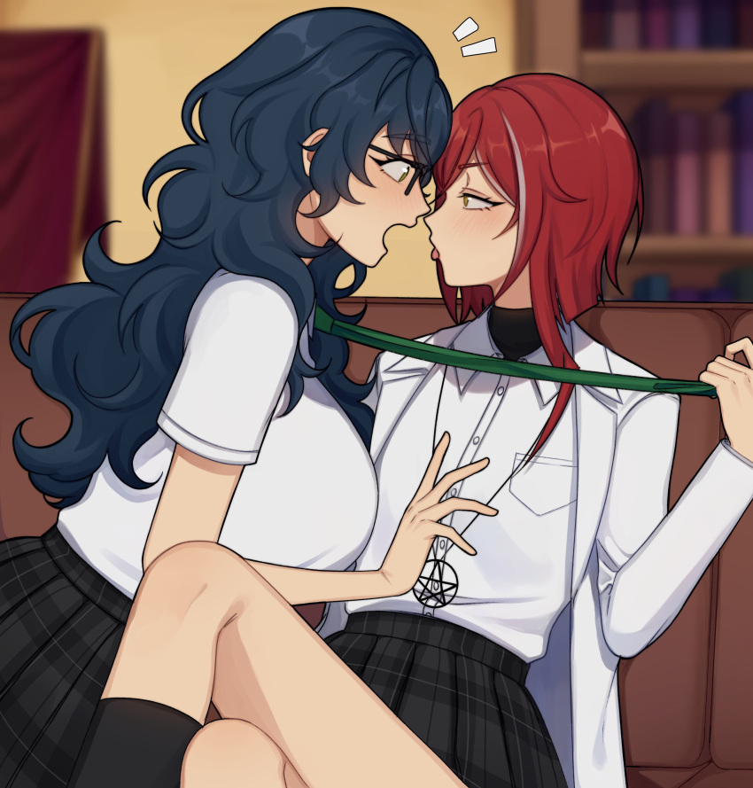 2girls absurdres aoba_tsumugi black_skirt blue_hair ensemble_stars! glasses green_eyes highres jacket lab_coat long_hair long_sleeves lummy_yummy multiple_girls necktie necktie_grab neckwear_grab plaid plaid_skirt red_hair sakasaki_natsume school_uniform shirt short_hair_with_long_locks skirt tongue tongue_out wavy_hair white_hair white_jacket white_shirt yellow_eyes yuri