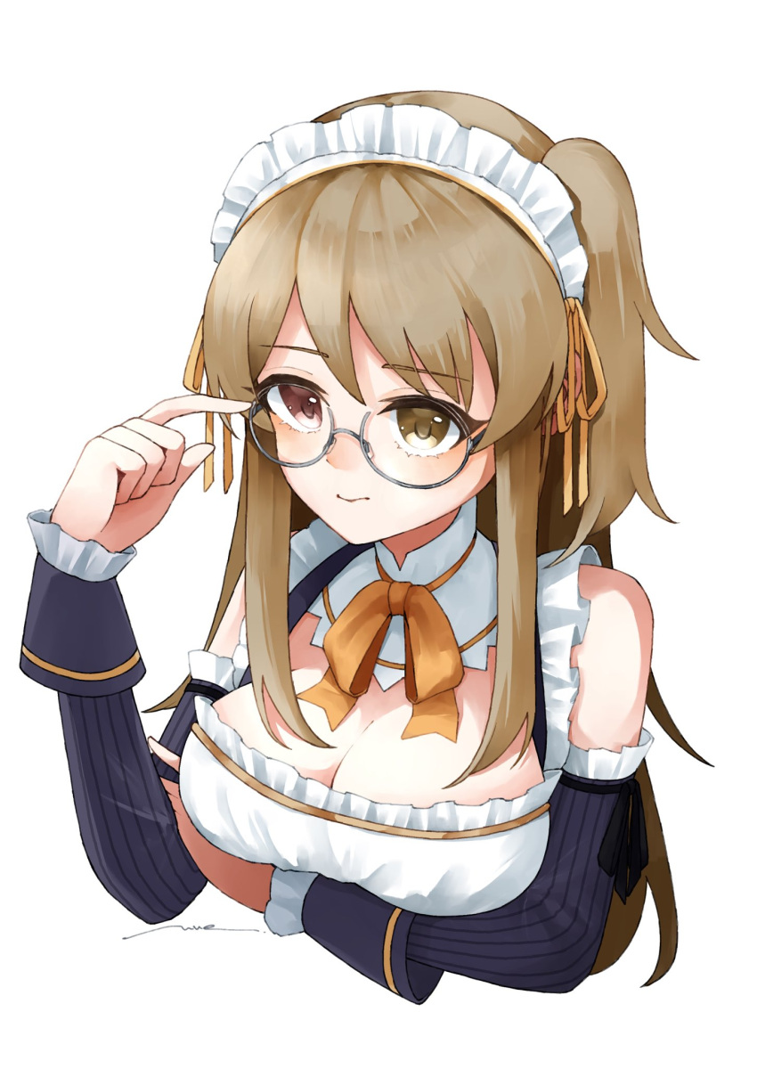 adjusting_eyewear amahara_nue arm_under_breasts artist_name assault_lily bare_shoulders bow bowtie breasts brown_hair cleavage closed_mouth commentary_request cropped_torso detached_sleeves female frilled_shirt frilled_sleeves frills glasses grey-framed_eyewear hair_ribbon hand_up heterochromia highres kuo_shenlin large_breasts long_hair long_sleeves looking_ahead maid maid_headdress official_alternate_costume orange_bow orange_bowtie orange_ribbon pink_eyes ribbon round_eyewear semi-rimless_eyewear shirt sidelocks simple_background sleeveless sleeveless_shirt solo under-rim_eyewear upper_body white_background white_shirt yellow_eyes