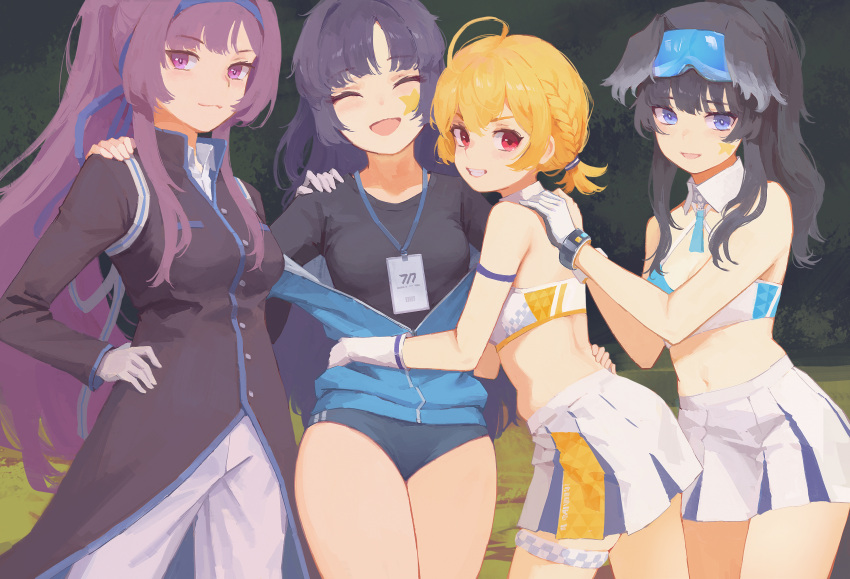 4girls ahoge animal_ears black_coat black_hair black_shirt blonde_hair blue_archive blue_buruma blue_headband blue_jacket blue_skirt breasts buruma cheerleader closed_eyes closed_mouth coat collarbone collared_shirt detached_collar dog_ears dog_tail eyewear_on_head facial_mark gloves grin hair_over_breasts halterneck headband hibiki_(blue_archive) hibiki_(cheer_squad)_(blue_archive) highres id_card jacket kotori_(blue_archive) kotori_(cheer_squad)_(blue_archive) lanyard long_hair medium_breasts millennium_cheerleader_outfit_(blue_archive) multiple_girls official_alternate_costume open_mouth pants pleated_skirt ponytail purple_eyes purple_hair red_eyes safety_glasses shirt short_twintails skirt smile star_(symbol) tail thigh_strap track_jacket twintails two-tone_skirt utaha_(blue_archive) utaha_(cheer_squad)_(blue_archive) viscum white_gloves white_pants white_shirt white_skirt yuuka_(blue_archive) yuuka_(track)_(blue_archive)