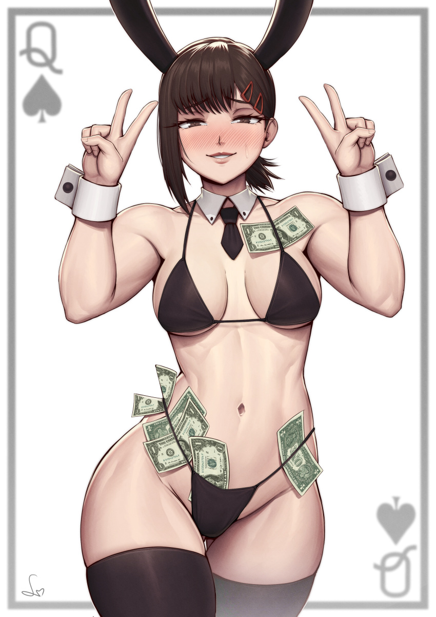 abs absurdres animal_ears ass_visible_through_thighs banknote bikini black_bikini black_necktie black_thighhighs breasts brown_eyes brown_hair card_(medium) chainsaw_man detached_collar dollar_bill double_v female george_washington higashiyama_kobeni highres looking_at_viewer medium_breasts money muscular muscular_female navel necktie queen_(playing_card) queen_of_spades rabbit_ears short_necktie solo speedl00ver swimsuit thighhighs toned v