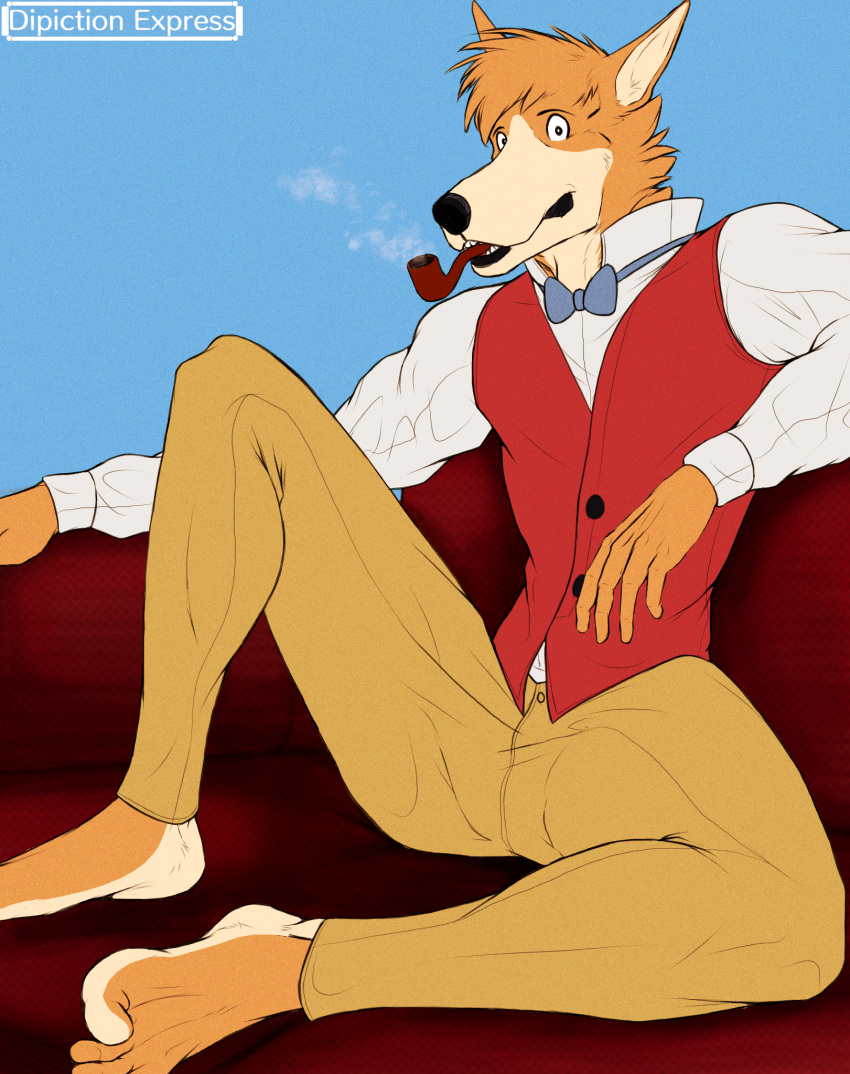 anthro barefoot bottomwear bow_tie canid canine canis clothing collared_shirt curling_toes depictionexpress domestic_dog dress_shirt feet formal_clothing fur furniture hi_res looking_at_viewer male mammal orange_body orange_fur pants perspective relaxing sherlock_hound shirt shoes_removed simple_background smoke smoking smoking_pipe smoking_smoking_pipe sofa solo spread_legs spreading suit tan_body tan_fur toes topwear