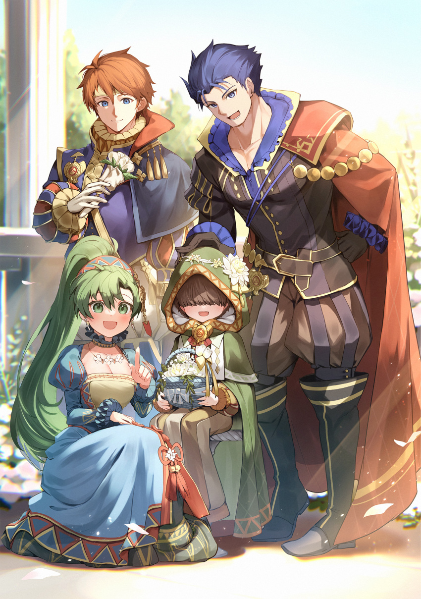 1other 2boys :d aged_down basket blue_dress blue_eyes blue_hair bouquet breasts brown_hair cape cleavage dress eliwood_(fire_emblem) eliwood_(valentine)_(fire_emblem) female fire_emblem fire_emblem:_the_blazing_blade fire_emblem_heroes flower green_eyes green_hair hand_on_another's_head hector_(fire_emblem) hector_(valentine)_(fire_emblem) highres holding holding_basket holding_bouquet hood kneeling large_breasts long_hair looking_at_viewer lyn_(fire_emblem) lyn_(valentine)_(fire_emblem) mark_(fire_emblem:_the_blazing_blade) mark_(winds_of_hope)_(fire_emblem) multiple_boys nakabayashi_zun no_eyes official_alternate_costume ponytail red_cape red_hair sitting smile spread_legs