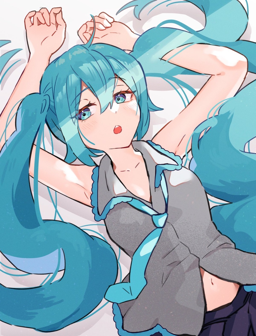 :o ahoge aqua_eyes aqua_hair aqua_necktie armpit_crease armpits arms_up blush collarbone commentary enipa_28 female grey_shirt hatsune_miku highres light_rays long_hair looking_to_the_side loose_hair_strand loose_necktie lying midriff_peek navel necktie on_back on_bed partially_undressed shirt solo sunbeam sunlight teeth twintails upper_teeth_only very_long_hair vocaloid