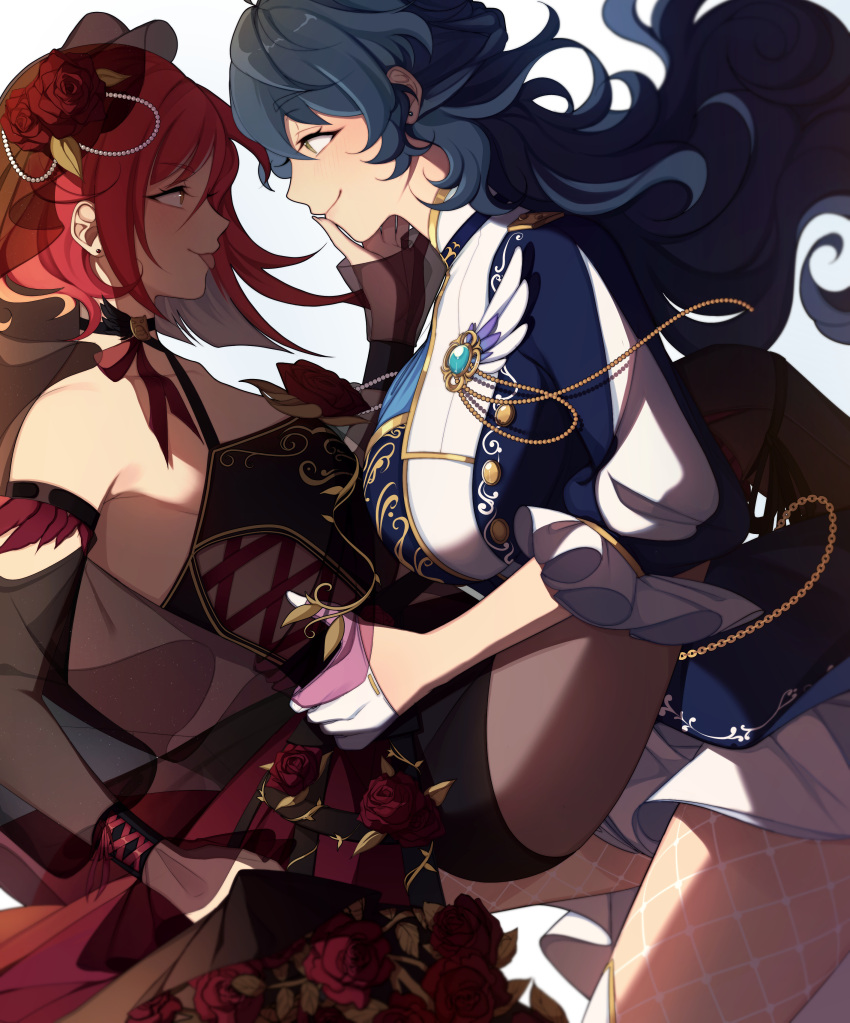 2girls absurdres aoba_tsumugi black_dress blue_dress blue_hair closed_mouth dress ensemble_stars! flower genderswap_(mtf) hair_flower hair_ornament highres long_hair lummy_yummy medium_hair multicolored_clothes multicolored_dress multiple_girls red_flower red_hair red_rose rose rule_63 sakasaki_natsume smile wavy_hair white_background white_dress white_hair yellow_eyes yuri