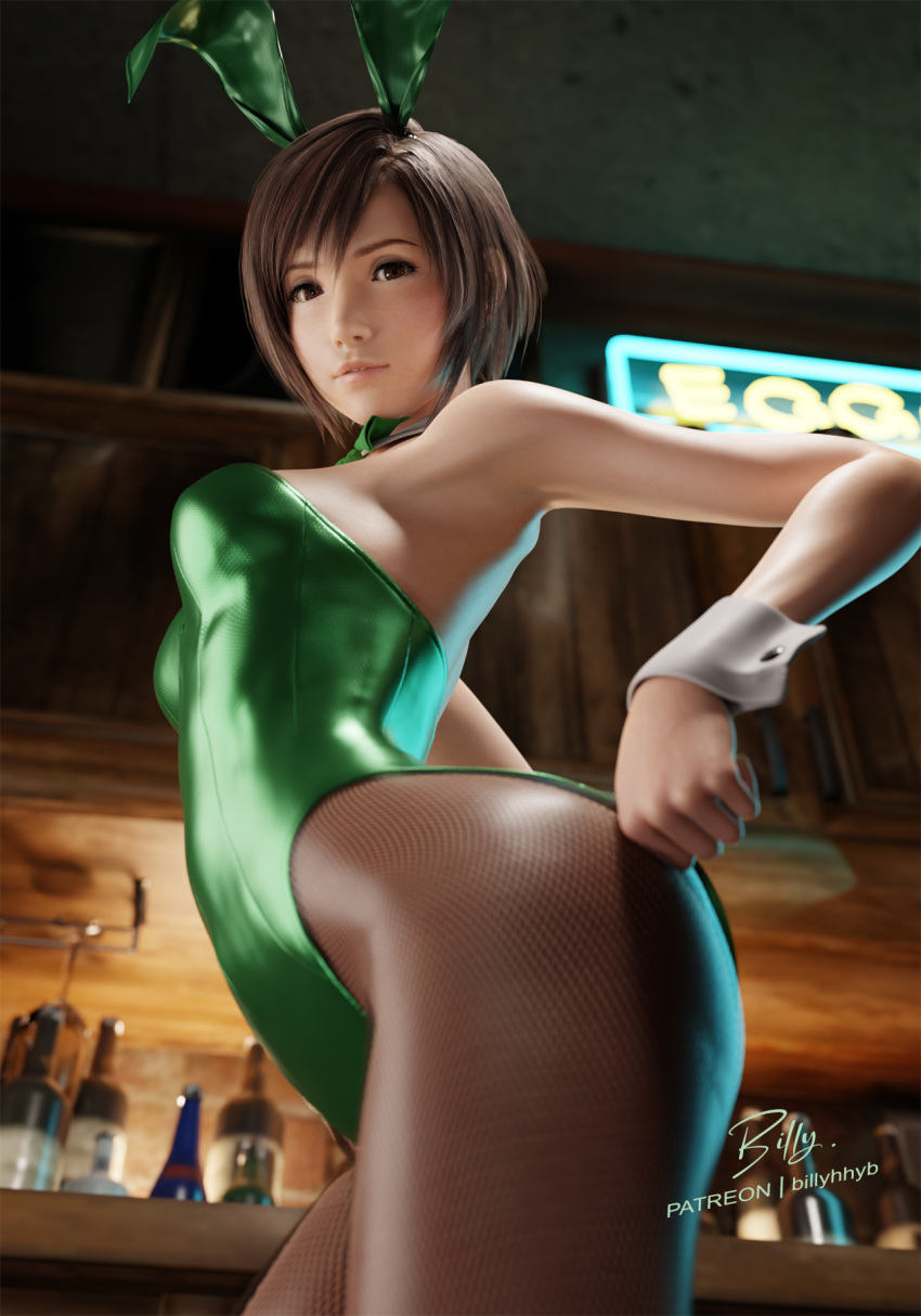 3d animal_ears arched_back armpits artist_name backless_leotard bar_(place) bare_back bare_shoulders billyhhyb blurry blurry_background bottle bow bowtie breasts brown_eyes brown_hair brown_pantyhose commentary detached_collar english_commentary fake_animal_ears female final_fantasy final_fantasy_vii final_fantasy_vii_remake fishnet_pantyhose fishnets from_below green_bow green_bowtie green_leotard hands_on_own_hips highleg highleg_leotard highres leotard lips looking_at_viewer looking_down medium_breasts neon_sign nose pantyhose parted_lips patreon_username playboy_bunny rabbit_ears short_hair signature solo standing strapless strapless_leotard swept_bangs wrist_cuffs yuffie_kisaragi