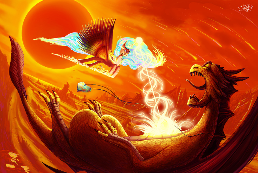 absurd_res alicorn daybreaker_(mlp) dragon eclipse equid equine fangs female feral fire flaming_hair flaming_mane flaming_tail friendship_is_magic hasbro hi_res horn jewelry jowybean magic mammal my_little_pony mythological_creature mythological_equine mythological_scalie mythology necklace orange_theme princess_celestia_(mlp) pseudo_hair pseudo_mane scalie sharp_teeth solar_eclipse sun tail teeth wings