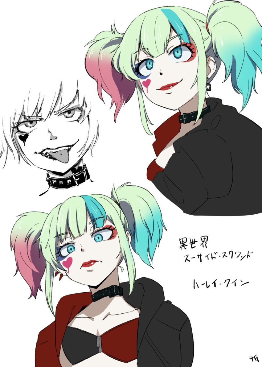 4shi batman_(series) black_collar blue_hair breasts cleavage collar commentary_request dc_comics earrings female frown green_hair harley_quinn heart highres jacket jewelry multicolored_clothes multicolored_jacket partially_colored red_hair signature small_breasts smile suicide_squad_isekai tongue tongue_out translation_request twintails two-tone_jacket