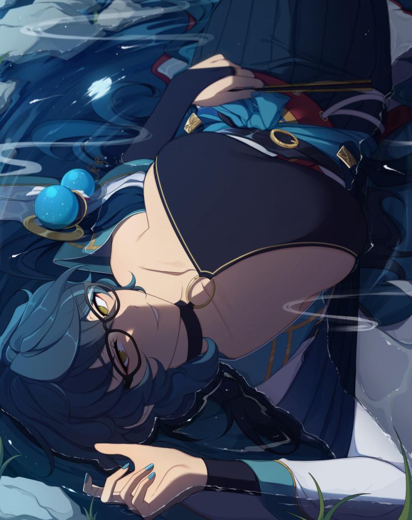 absurdres aoba_tsumugi blue_dress blue_hair breasts cleavage dress ensemble_stars! female genderswap_(mtf) glasses highres in_water long_hair looking_at_viewer looking_up lummy_yummy lying on_back rule_63 smile solo wavy_hair yellow_eyes