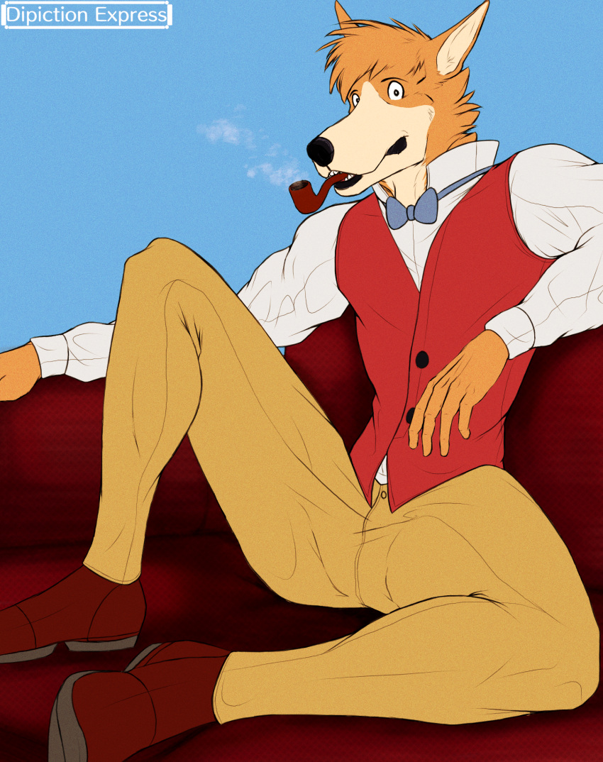 anthro bottomwear bow_tie canid canine canis clothing collared_shirt depictionexpress domestic_dog dress_shirt footwear formal_clothing fur furniture hi_res looking_at_viewer male mammal orange_body orange_fur pants perspective relaxing sherlock_hound shirt shoes simple_background smoke smoking smoking_pipe smoking_smoking_pipe sofa solo spread_legs spreading suit tan_body tan_fur topwear