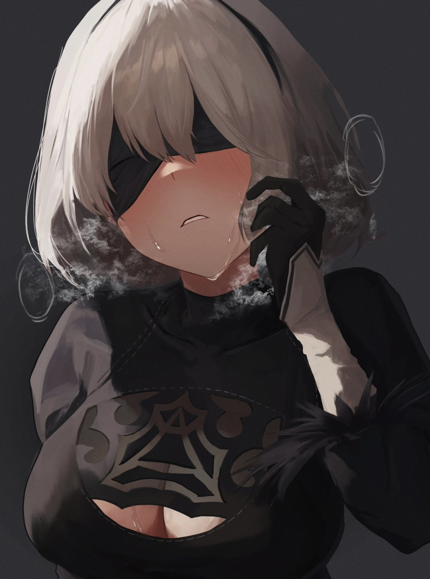 2b_(nier:automata) black_blindfold black_dress black_hairband blindfold blush breasts cleavage cleavage_cutout clothing_cutout commentary_request dio_nand dress female grey_background grey_hair hairband hand_up heavy_breathing highres juliet_sleeves large_breasts long_sleeves nier:automata nier_(series) open_mouth parted_lips puffy_sleeves short_hair simple_background solo sweat upper_body