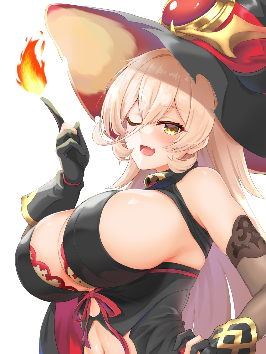 bare_shoulders blonde_hair breasts cape cleavage female fingerless_gloves gloves hair_between_eyes hat highres large_breasts looking_at_viewer navel nijisanji nui_sociere nui_sociere_(1st_costume) one_eye_closed open_mouth reirall sideboob simple_background solo underboob virtual_youtuber white_background witch witch_hat yellow_eyes