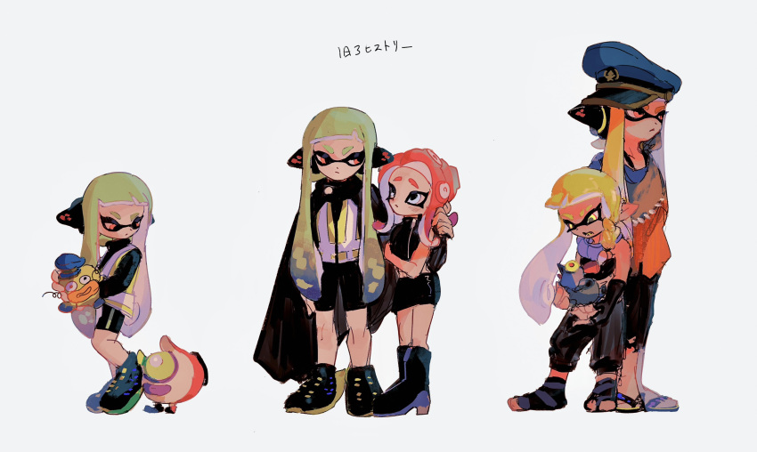 absurdres age_progression agent_3_(splatoon) agent_3_(splatoon_3) agent_8_(splatoon) arm_around_shoulder boots cloak expressionless green_hair hat headphones highres inkling inkling_girl inkling_player_character miniskirt octoling octoling_girl octoling_player_character pink_hair sandals simple_background skirt smallfry_(splatoon) splatoon_(series) splatoon_1 splatoon_2 splatoon_2:_octo_expansion splatoon_3 squidbeak_splatoon tentacle_hair zapfish zicbx