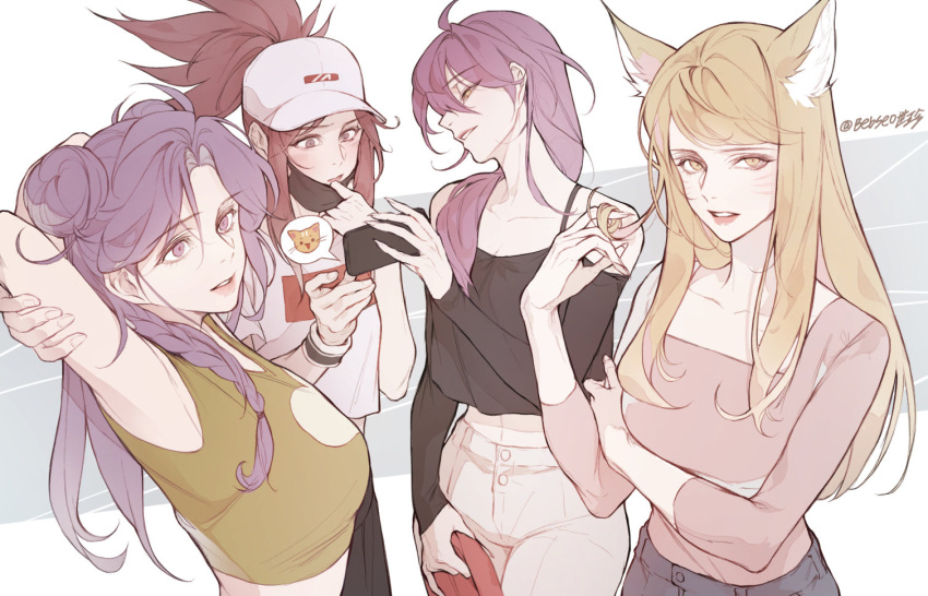 4girls ahoge ahri_(league_of_legends) akali animal_ears artist_name bebseo blonde_hair blue_eyes brown_hair closed_mouth collarbone evelynn_(league_of_legends) facial_mark fingernails fox_ears fox_girl hair_between_eyes holding holding_phone k/da_(league_of_legends) k/da_ahri k/da_akali k/da_evelynn k/da_kai'sa kai'sa league_of_legends light_blush long_hair long_sleeves mask mask_pull mouth_mask multiple_girls official_alternate_costume official_alternate_hairstyle parted_bangs parted_lips phone pink_hair ponytail purple_eyes purple_hair short_sleeves sleeveless whisker_markings yellow_eyes