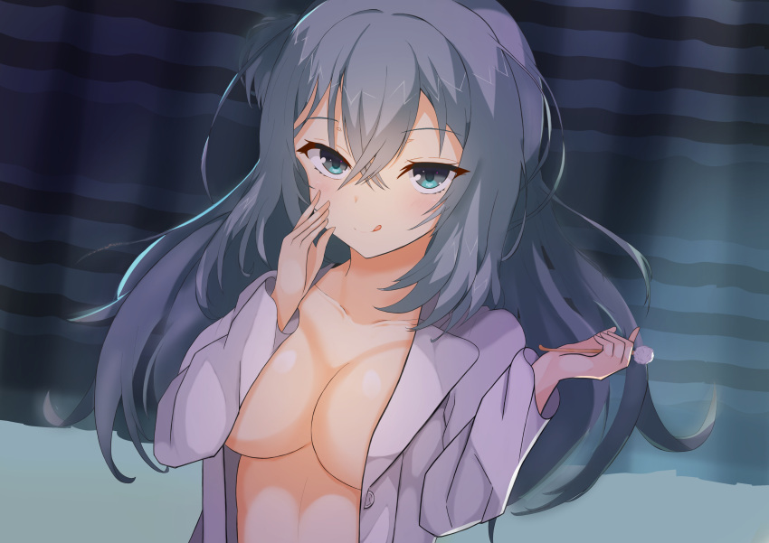 :q absurdres aqua_eyes aqua_hair blush breasts cleavage closed_mouth coat collarbone commentary_request crossed_bangs curtains eyelashes eyes_visible_through_hair female hair_between_eyes hands_up highres holding indoors lab_coat large_breasts licking_lips long_hair long_sleeves looking_at_viewer megumu_(dhpc8573) midriff mimikaki naked_labcoat naughty_face night one_side_up open_clothes open_coat riddle_joker shikibe_mayu sidelocks smile solo tongue tongue_out tsurime upper_body upturned_eyes