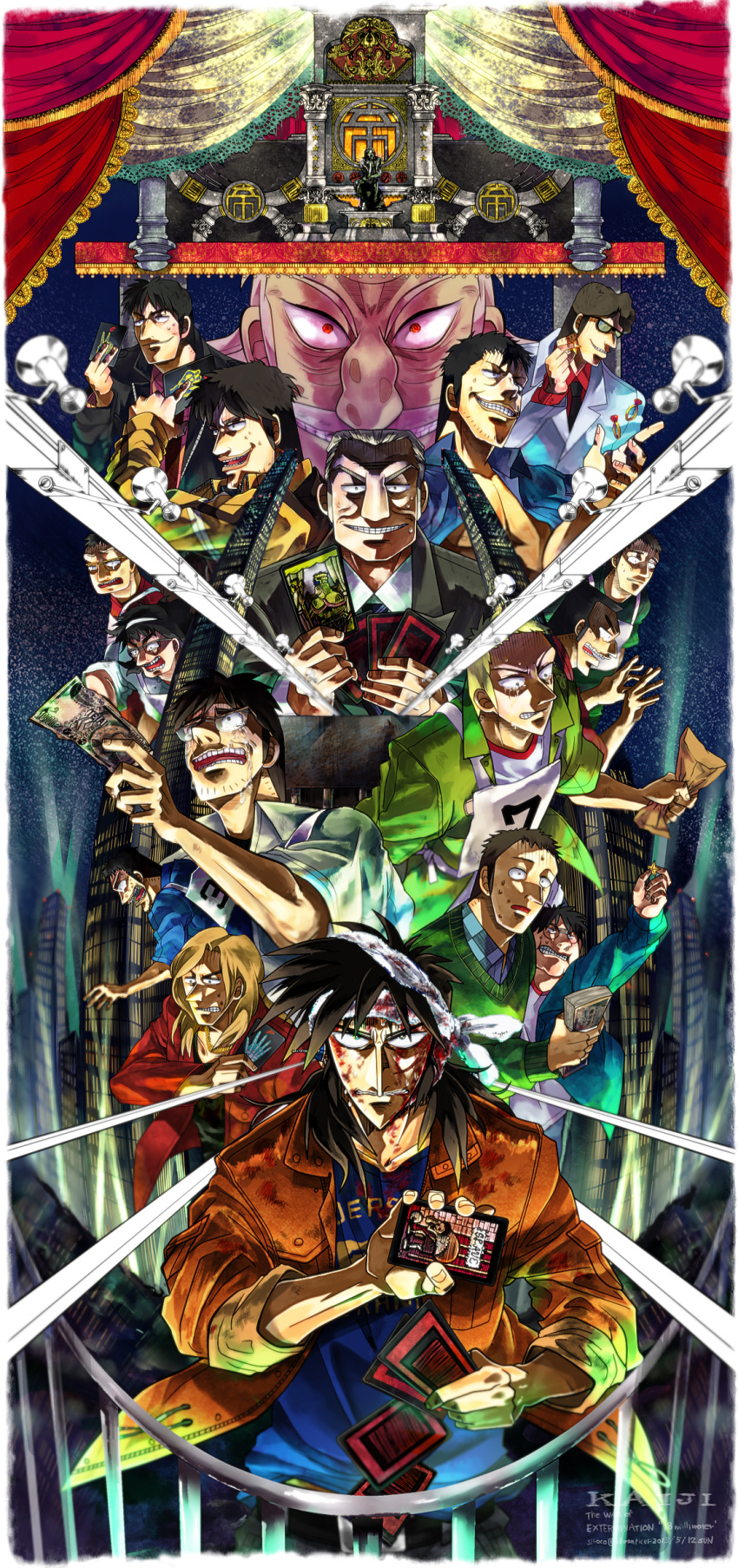 6+boys andou_mamoru artist_name bandaged_head bandages banknote big_nose black_eyes black_hair black_necktie blazer blonde_hair blood blood_on_clothes blood_on_face blue_jacket blue_shirt bomber_jacket brown_jacket building card character_name collared_shirt column copyright_name crying crying_with_eyes_open curtains dated emperor_(card) facial_hair fat fat_man flattop fukumoto_nobuyuki_(style) funai_jouji furuhata_takeshi glasses green_sweater grin highres holding holding_button holding_card holding_money hyena_(kaiji) hyoudou_kazutaka ishida_kouji itou_kaiji jacket kaiji kitami_(kaiji) long_hair looking_at_viewer male_focus medium_bangs money multiple_boys necktie official_style old old_man open_clothes open_jacket parody pectorals pillar plaid plaid_shirt pointy_nose race_bib red_eyes red_jacket rock_paper_scissors sahara_makoto scar scar_on_cheek scar_on_face searchlight shaded_face shirt short_bangs short_hair short_sleeves siroco sky skyscraper slave_(card) smile spotlight star_(sky) star_pin starry_sky steel_beam stubble style_parody suit sunglasses sweater tears third-party_source tonegawa_yukio upper_body very_short_hair white_jacket white_shirt