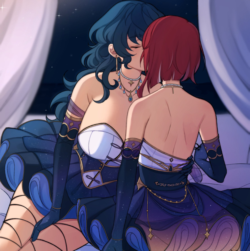 2girls aoba_tsumugi blue_hair blue_skirt breasts cleavage dress earrings elbow_gloves ensemble_stars! fishnets gloves highres jewelry long_hair lummy_yummy multiple_girls necklace night night_sky pearl_necklace red_hair sakasaki_natsume short_hair_with_long_locks skirt sky starry_sky_print wavy_hair white_dress white_hair yuri