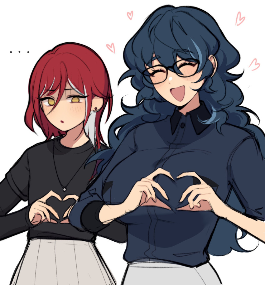 ... 2girls aoba_tsumugi black_shirt blue_hair blue_shirt blush closed_eyes collared_shirt ensemble_stars! genderswap_(mtf) glasses heart heart_hands highres long_hair long_sleeves looking_at_another lummy_yummy multicolored_hair multiple_girls open_mouth red_hair rule_63 sakasaki_natsume shirt short_sleeves skirt wavy_hair white_background white_hair white_skirt