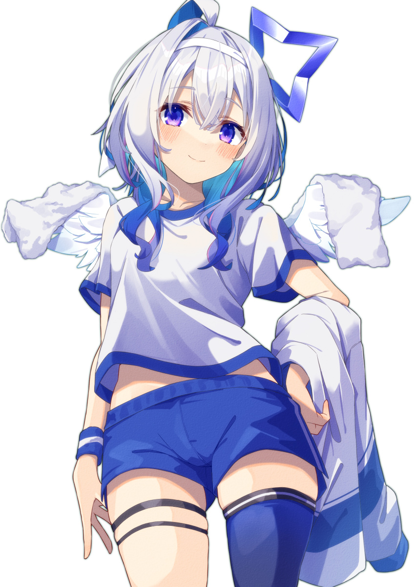 absurdres ahoge alternate_costume amane_kanata angel angel_wings blue_hair blue_shorts blue_thighhighs blush breasts colored_inner_hair female grey_hair hair_ornament highres hololive jacket kisara_mikami medium_hair multicolored_hair purple_eyes shirt shorts single_thighhigh small_breasts smile star_(symbol) star_hair_ornament streaked_hair thigh_strap thighhighs virtual_youtuber white_background white_headwear white_jacket white_shirt wings