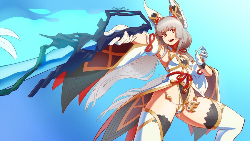 :o animal_ears blue_background breasts brown_eyes cat_ears cat_girl dekura detached_sleeves english_commentary female gloves grey_hair highleg highleg_leotard holding holding_sword holding_weapon leotard long_hair looking_at_viewer nia_(blade)_(xenoblade) nia_(xenoblade) open_mouth small_breasts solo sword teeth thighhighs twintails upper_teeth_only very_long_hair weapon white_gloves white_leotard white_sleeves white_thighhighs wide_sleeves xenoblade_chronicles_(series) xenoblade_chronicles_2